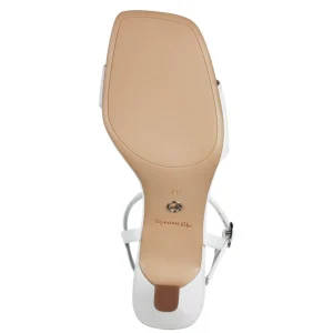Tamaris White Patent Square Toe Sandal – Sculpted Heel & Comfort