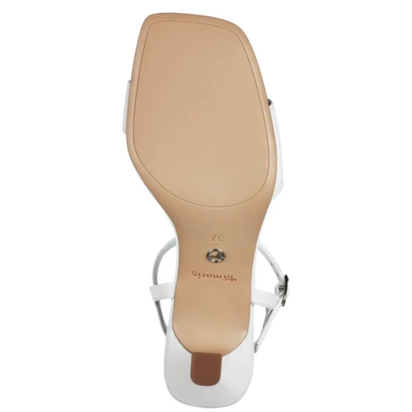 Tamaris White Patent Square Toe Sandal – Sculpted Heel & Comfort