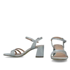 Timeless Silver Square Toe Block Heel Sandals