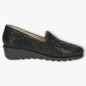 Wide Fitting Black Leather Slip-On Shoes with Wedge Sole - Caprice