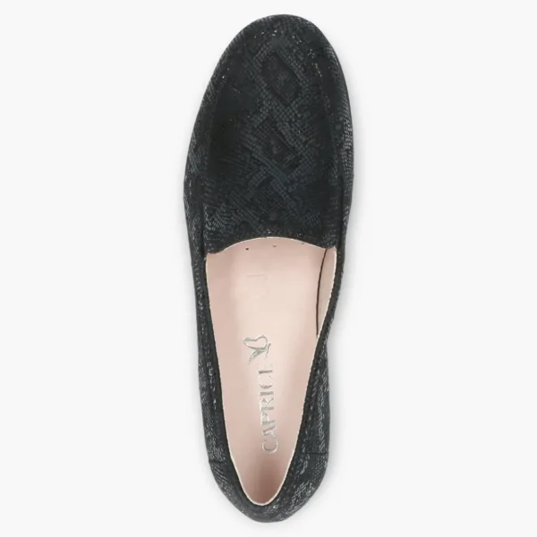 Wide Fitting Black Leather Slip-On Shoes with Wedge Sole - Caprice