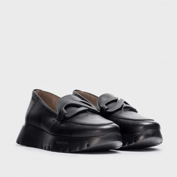 Wonders Black Leather Loafer – Wedge Sole & Matt Black Detailing